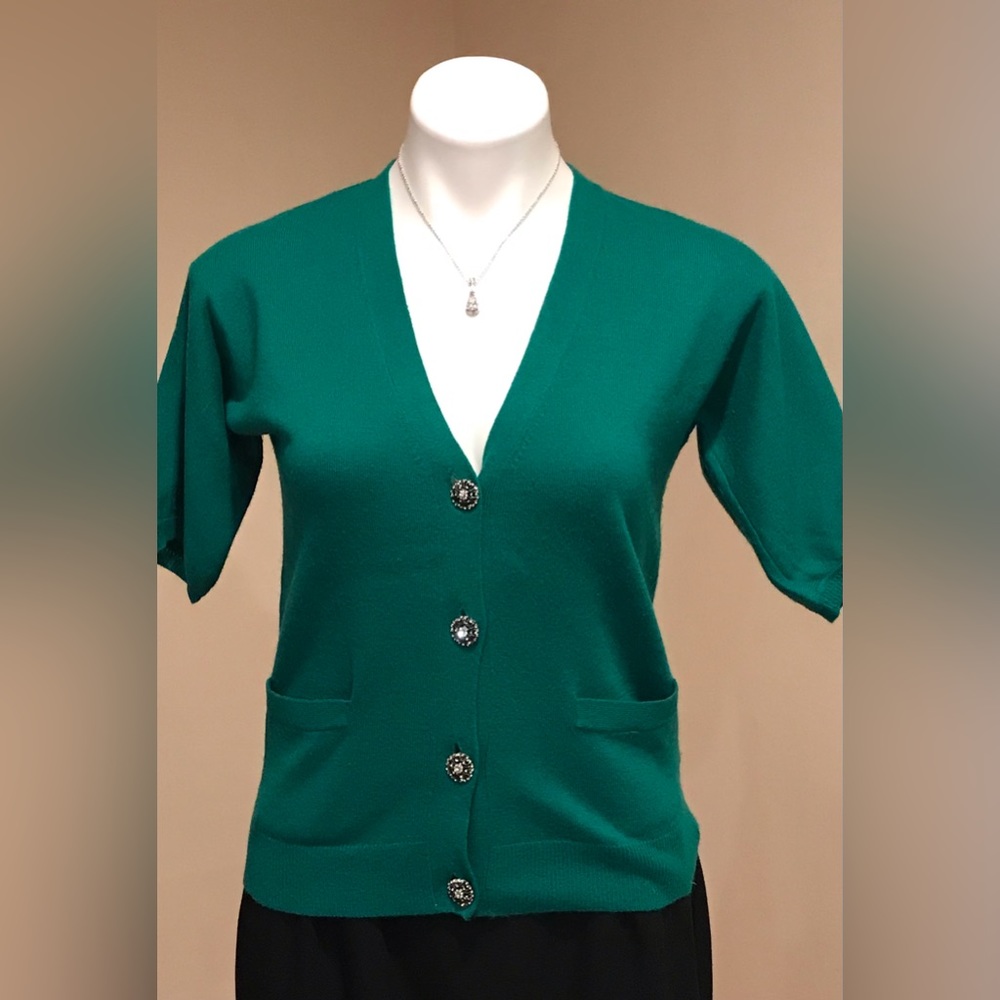 TALBOTS Emerald Green Cashmere Blend Cardigan W/Jeweled Buttons Sz. P